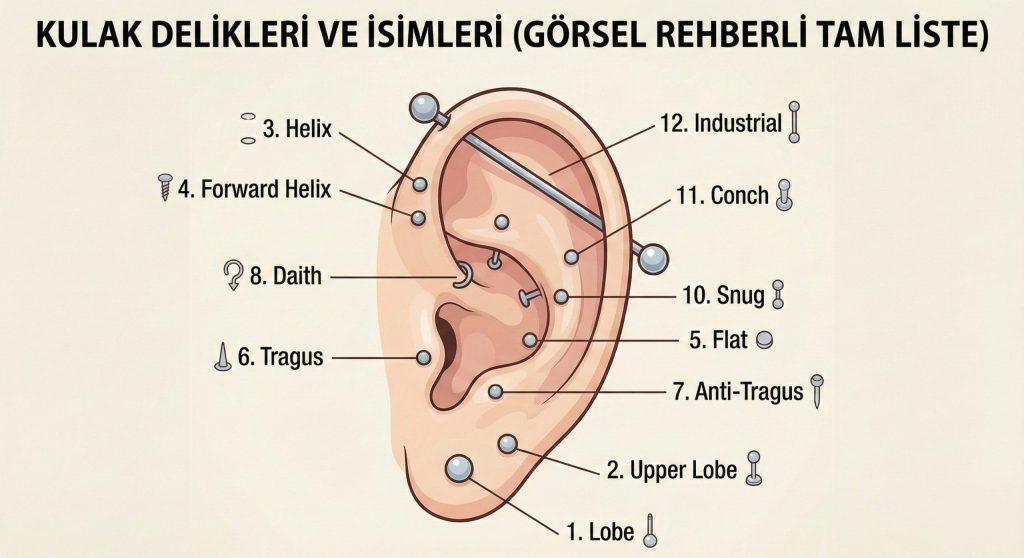 Kulağın anatomik yapısı üzerinde numaralandırılmış 12 farklı piercing noktasını ve isimlerini (Lobe, Helix, Tragus, Industrial, Daith, vb.) gösteren detaylı şematik çizim.